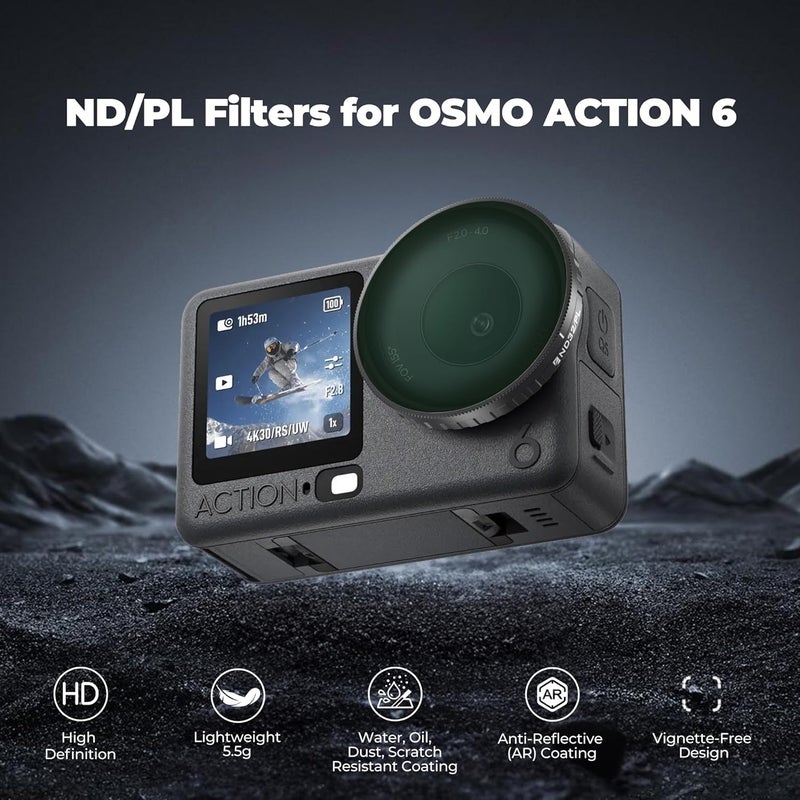 FreeWell مجموعة فلاتر مستقطبة ND8/PL، ND16/PL، ND32/PL، ND64/PL لكاميرا DJl Osmo Action 6 - أساسية للتصوير في ضوء النهار وزيادة الوضوح - Image 2